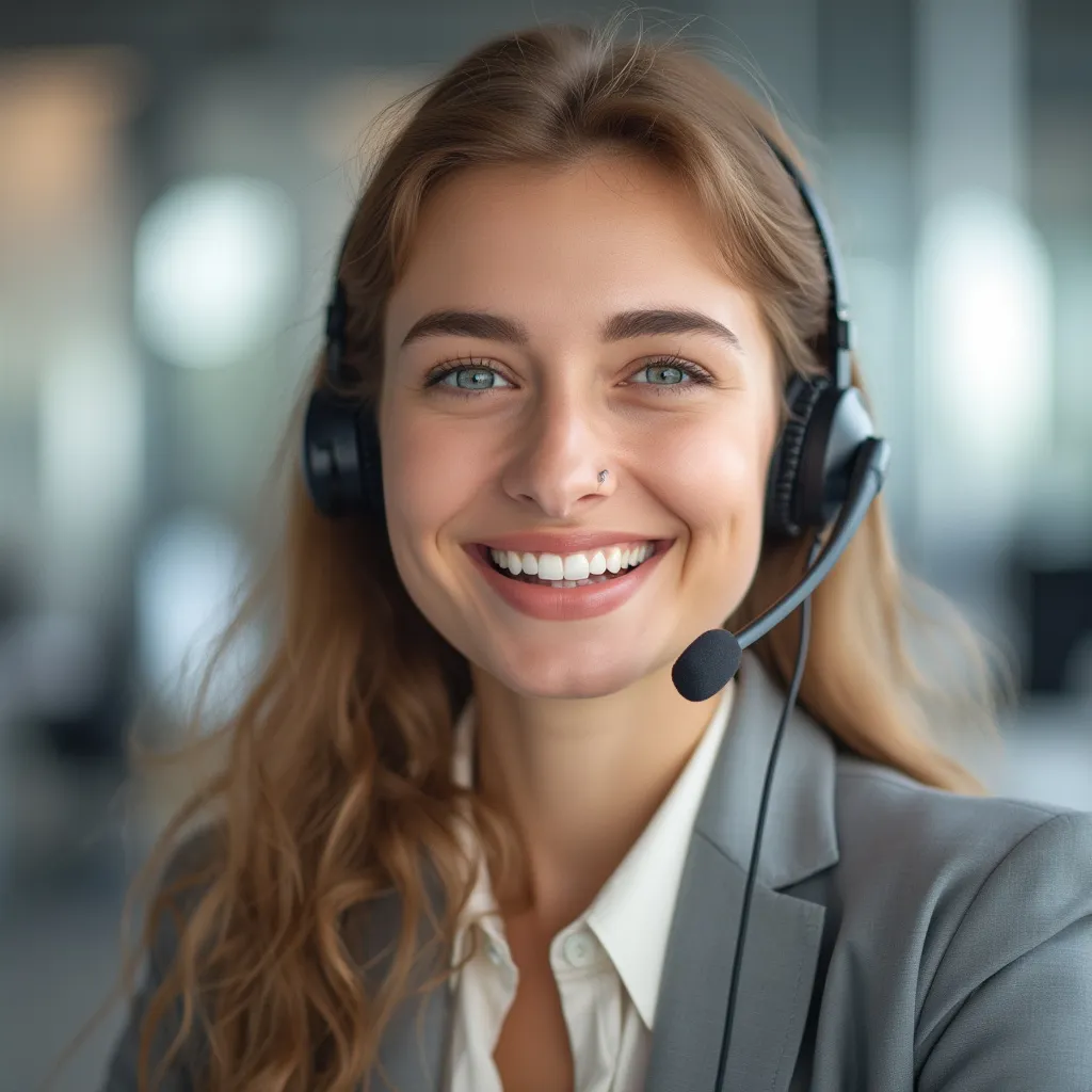 Personne souriante au téléphone, service client financier